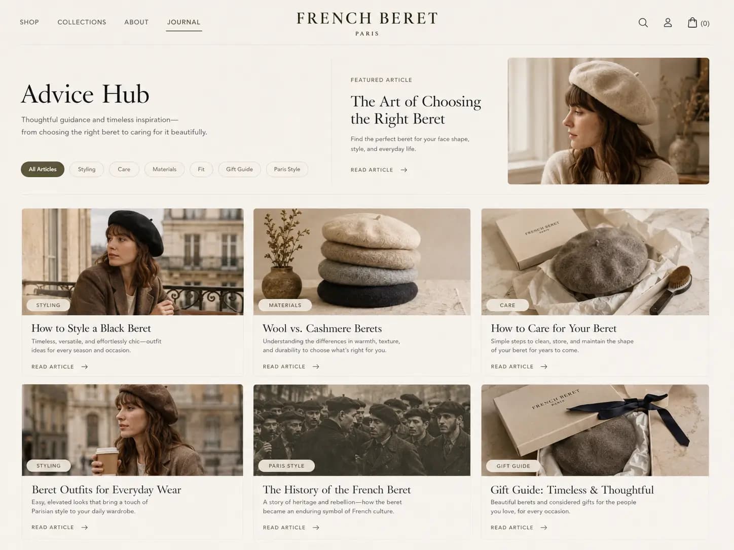 Editorialer Advice Hub mit Inhalten zu Styling, Materialien und Pflege von Berets