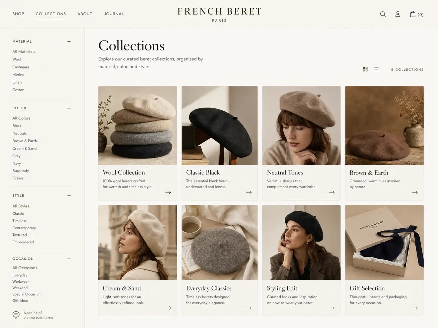 Darstellung einer nach Material, Farbe und Stil gegliederten Beret-Collection