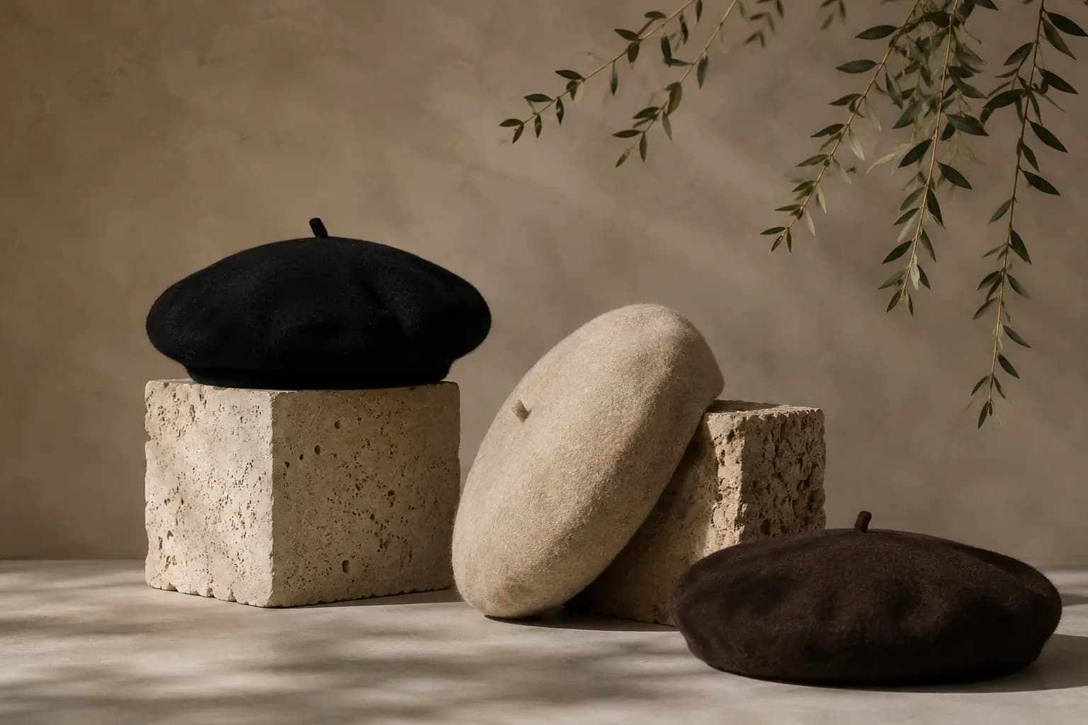 French Beret in Schwarz, Creme und Braun in einer ruhigen Produktkomposition auf Travertinsteinen