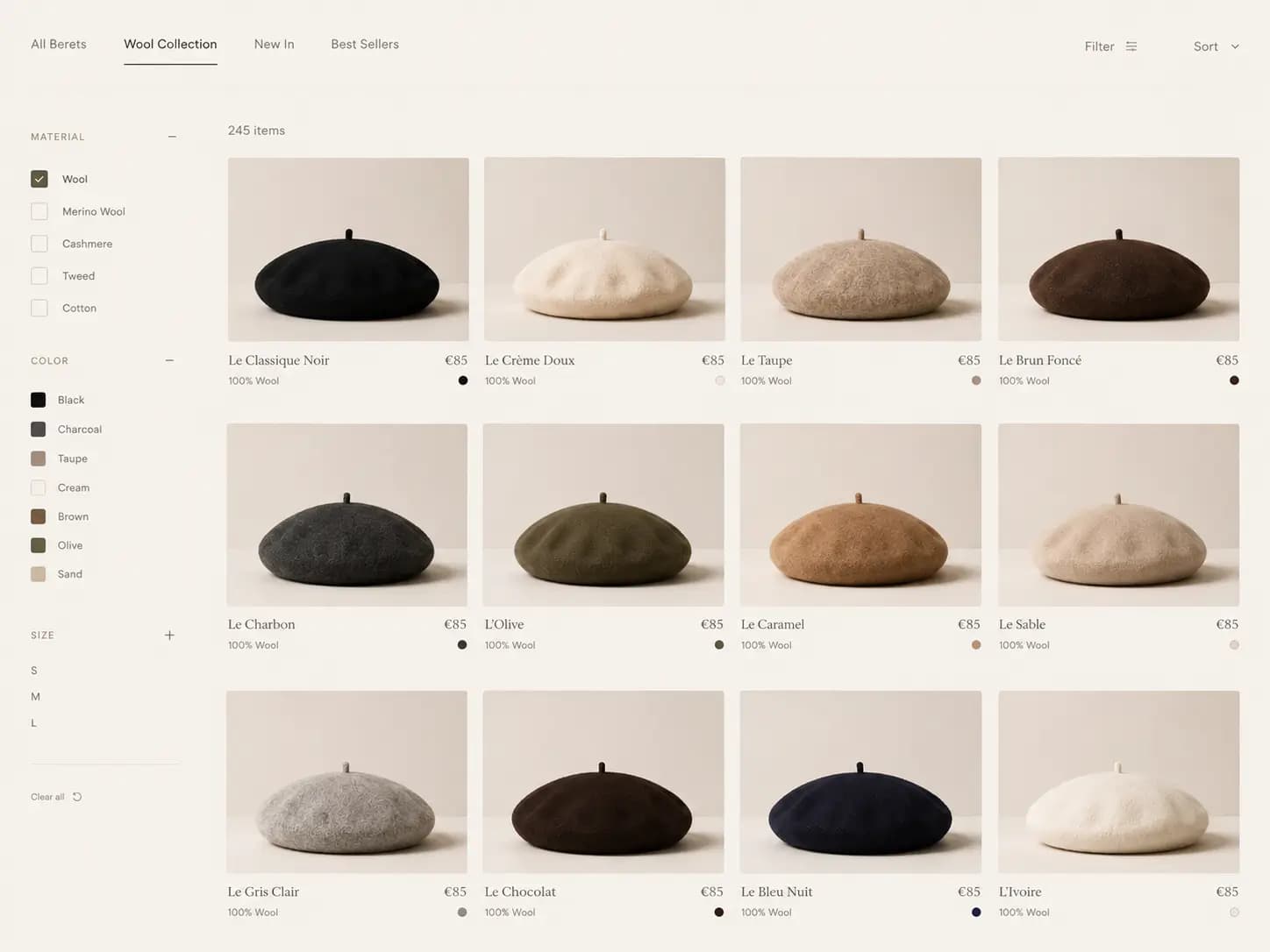 Produktübersicht verschiedener French-Beret-Modelle und Farben in einer gefilterten Listenansicht