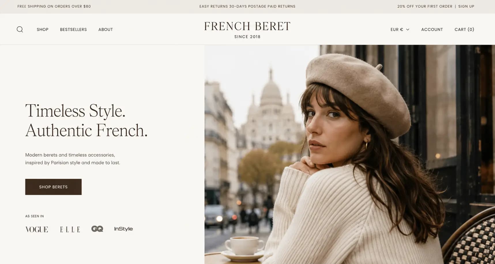 Editoriale E-Commerce-Darstellung von French Beret mit Navigation, Markenclaim und Einstieg in den Shop