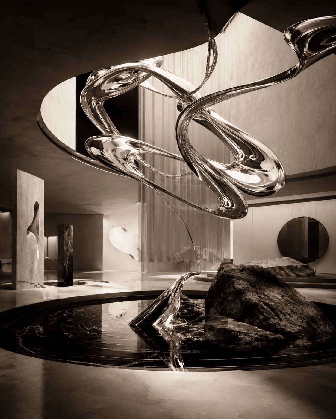 Sculptural chrome ribbon curving above a dark reflecting pool and a raw stone block in a warm-lit gallery