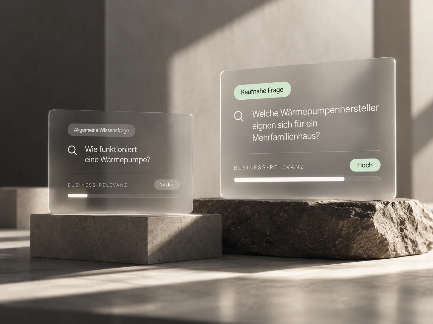 Vergleich zwischen allgemeiner Wissensfrage und kaufnaher Suchanfrage zur unterschiedlichen geschäftlichen Relevanz von KI-Sichtbarkeit.