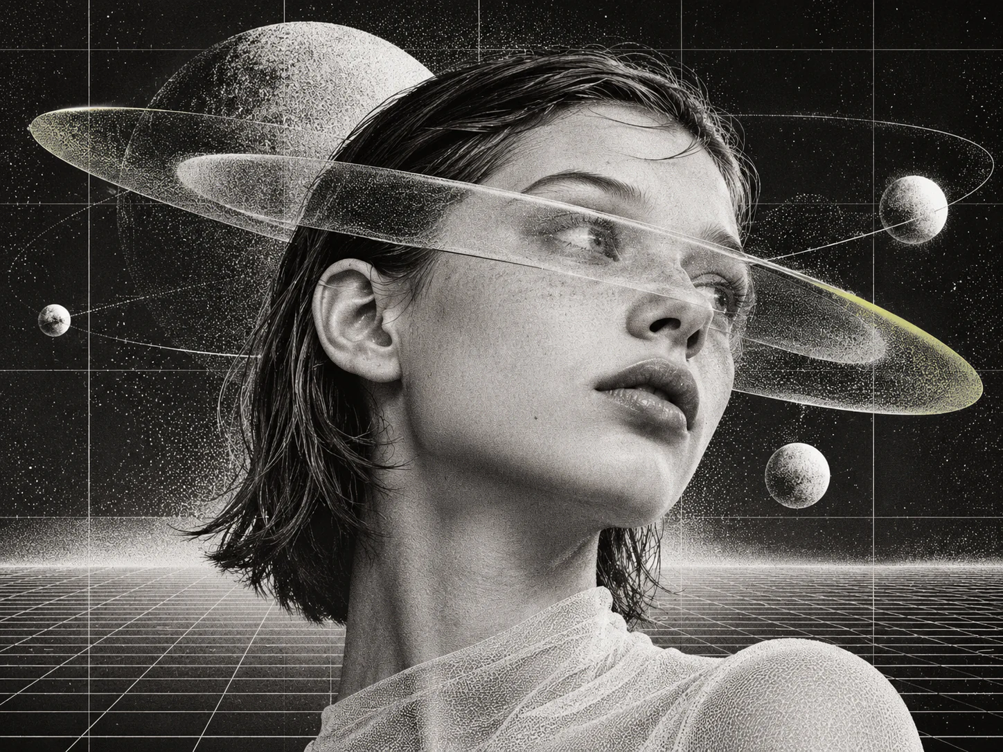 Collage: a face in profile, a glass ring cutting through the frame, planets above a grid.